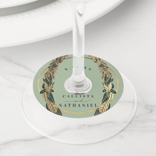 Étiquette Pour Verre De Vin Elégant Gold Sage Vert verdure Feuille Mariage (De près)