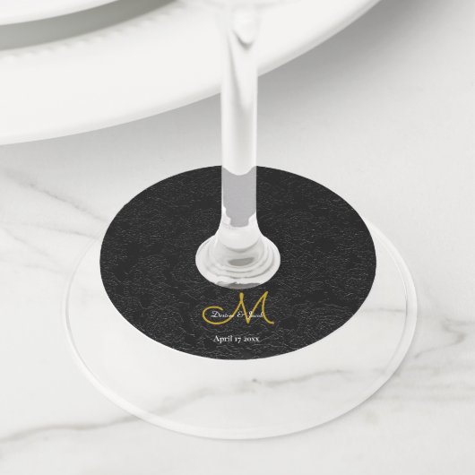 Étiquette Pour Verre De Vin Élégant noir blanc or simple Mariage Monogramme (De près)