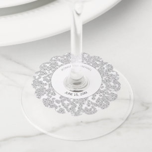Étiquette Pour Verre De Vin Élégant Personnalisé Blanc Argent Diamant Paillett