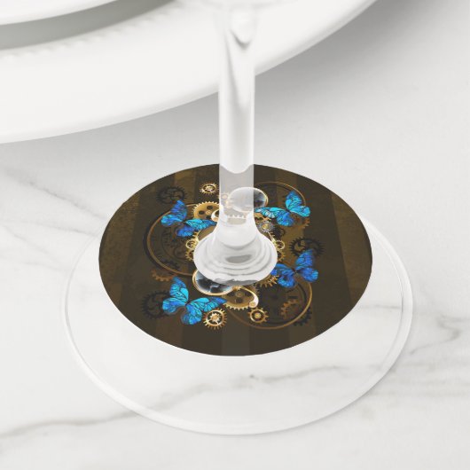 Étiquette Pour Verre De Vin Engrenages à vapeur et papillons bleus (De près)