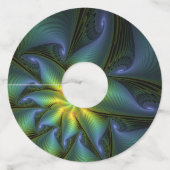 Étiquette Pour Verre De Vin Etoile Abstraite, Bleu brillant Vert Or Fractal Ar (Dos)