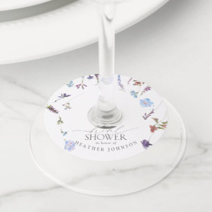 Étiquette Pour Verre De Vin Fête des mariées d'aquarelle Fleur sauvage bleu fo
