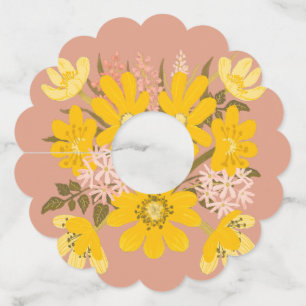 Étiquette Pour Verre De Vin Fête fleurie rose rose beige jaune