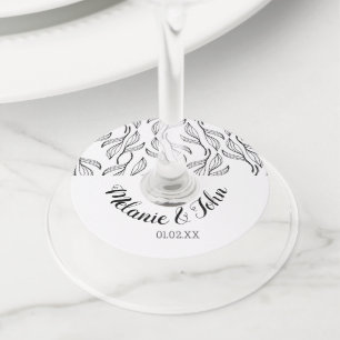 Étiquette Pour Verre De Vin Feuilles Botaniques Noir Blanc Floral - Nom du Cou