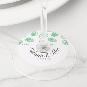 Étiquette Pour Verre De Vin Feuilles tropicales de Monstera à l'aquarelle - No