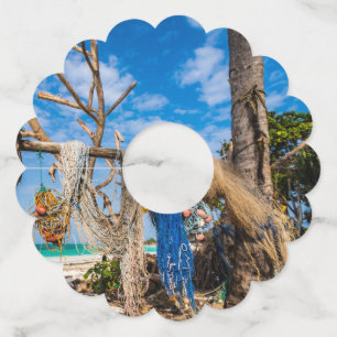 Étiquette Pour Verre De Vin Filets de pêche séchant sur la plage