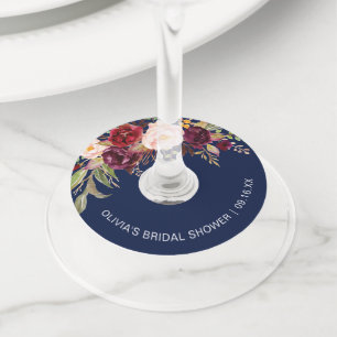 Étiquette Pour Verre De Vin Floral Burgundy Navy Fête des mariées bleue