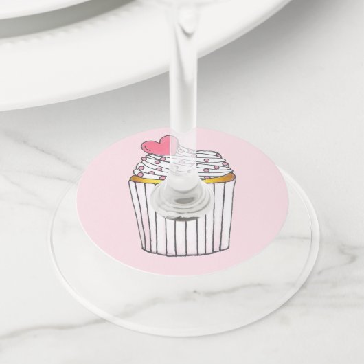 Étiquette Pour Verre De Vin Gâteau Cupcake Cœur Rose Célébration Mariage Baby  (De près)