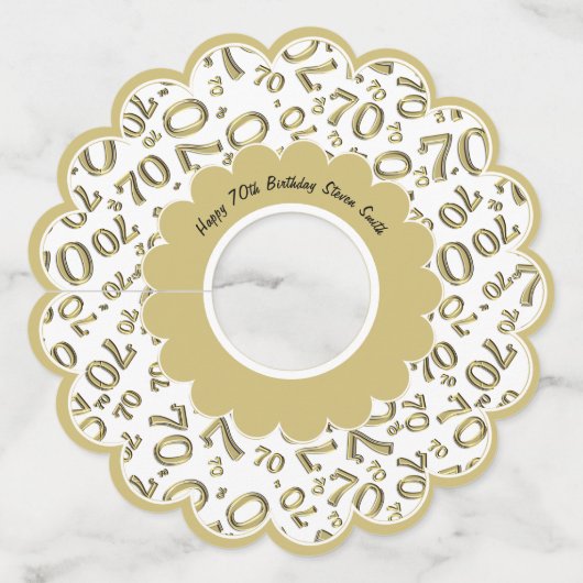 Étiquette Pour Verre De Vin Joyeux 70e anniversaire Gold et blanc thème numéro (Devant)