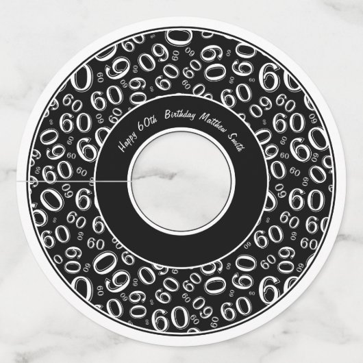Étiquette Pour Verre De Vin Joyeux anniversaire 60ème Noir et Blanc thème Nomb (Devant)