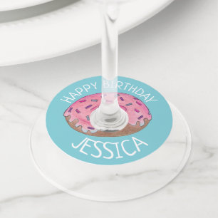 Étiquette Pour Verre De Vin Joyeux Anniversaire Pink Frosted Donut