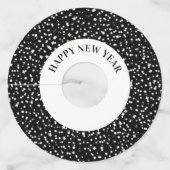 Étiquette Pour Verre De Vin Joyeux Confetti du Nouvel An Stars Noir Blanc (Devant)