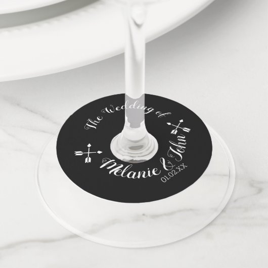 Étiquette Pour Verre De Vin Logo du Mariage de flèche monochrome - Nom des cou (De près)