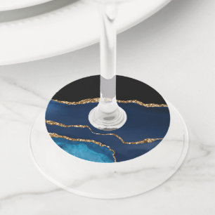 Étiquette Pour Verre De Vin Marbre d'agate bleue scintillant paillettes dorées
