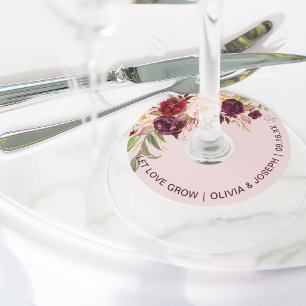 Étiquette Pour Verre De Vin Mariage Floral Bordeaux Rose