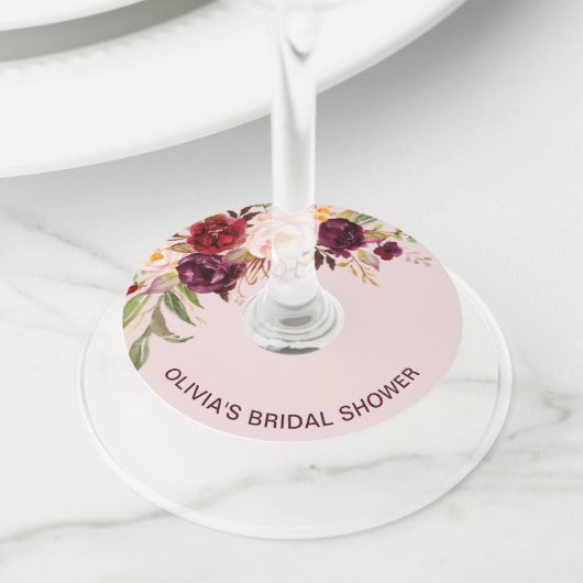 Étiquette Pour Verre De Vin Mariage Floral Bourguignon Fête de Mariée (De près)