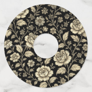 Étiquette Pour Verre De Vin Motif floral de rose dorée vintage sur fond noir
