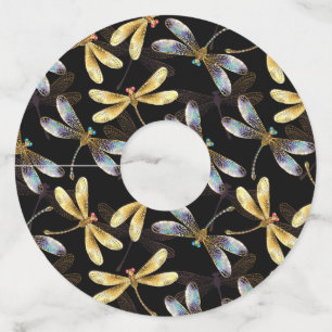 Étiquette Pour Verre De Vin Motif sans couture avec libellules d'or