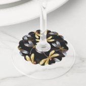 Étiquette Pour Verre De Vin Motif sans couture avec libellules d'or (De près)