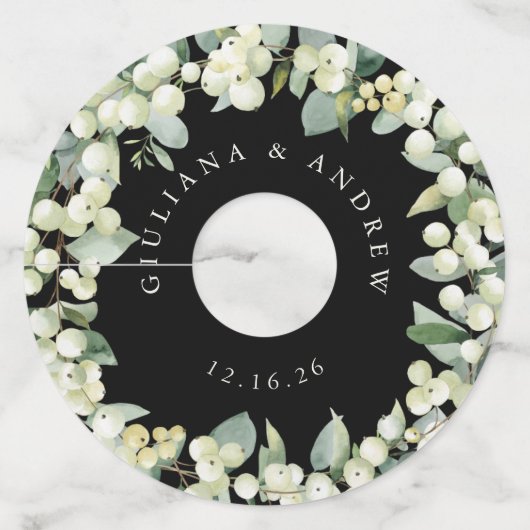 Étiquette Pour Verre De Vin Noir/Crème Snowberry & Eucalyptus Mariage d'hiver (Devant)