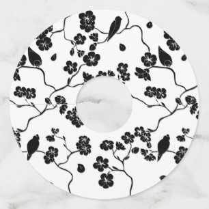 Étiquette Pour Verre De Vin Oiseaux à motif noir et blanc sur fleurs de cerisi