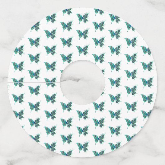 Étiquette Pour Verre De Vin Papillon aux plumes de paon vert (Devant)