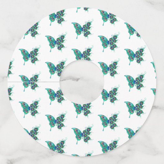 Étiquette Pour Verre De Vin Papillon aux plumes de paon vert (Devant)