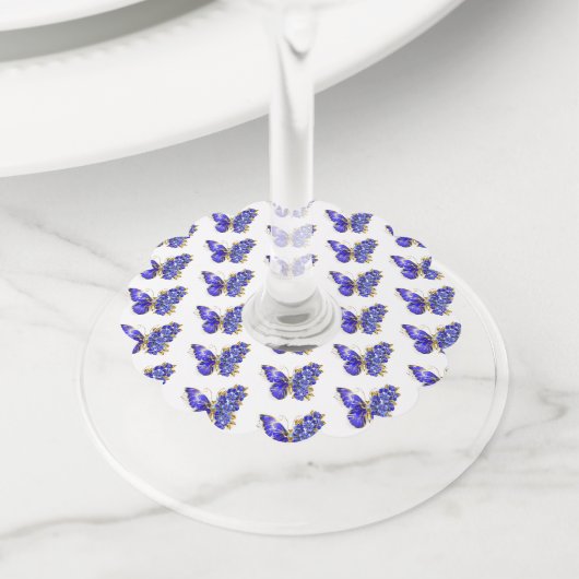 Étiquette Pour Verre De Vin Papillon saphir à fleurs (De près)
