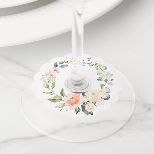 Étiquette Pour Verre De Vin Pêche et blanc Aquarelle Rose verdure (De près)