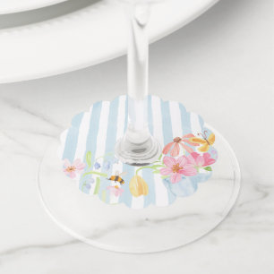 Étiquette Pour Verre De Vin Rayures bleues florales aquarelles fantaisistes