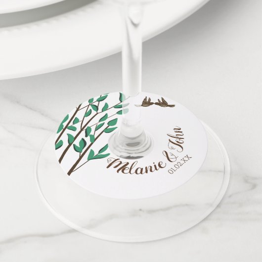 Étiquette Pour Verre De Vin Romantique Rustique Arbre Oiseaux Verdure Nom des (De près)