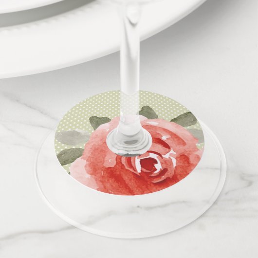 Étiquette Pour Verre De Vin Rose rouge sur points verts lime (De près)