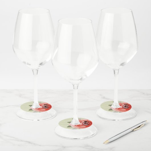 Étiquette Pour Verre De Vin Rose rouge sur pois lime (Lot)