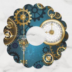 Étiquette Pour Verre De Vin Steampunk Arrière - plan turquoise avec Gears
