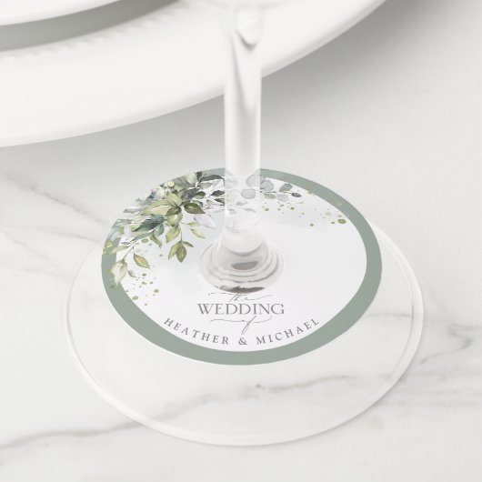 Étiquette Pour Verre De Vin Verdure botanique Mariage d'aquarelle fleurie (De près)