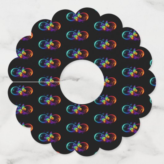 Étiquette Pour Verre De Vin Vibrant infinity with rainbow butterfly on black (Devant)