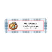 Étiquette Poussin de Pâques avec des œufs sur carreau bleu à (Devant)