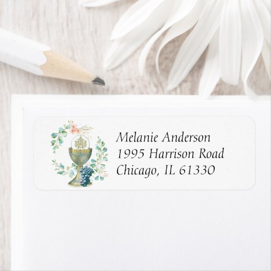 Étiquette Première Communion Catholique Eucalyptus Floral (En situation)