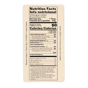 Étiquette Produit de la valeur nutritive du miel anglais/esp