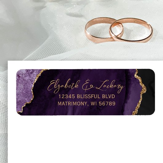 Étiquette Purple Agate Gold Script Wedding Return Address