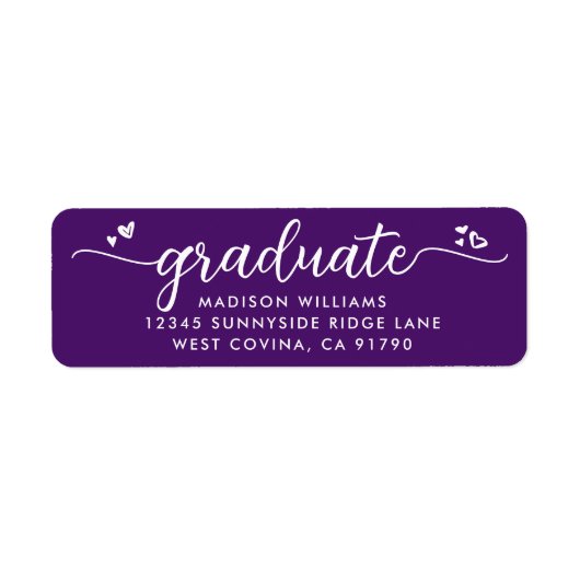 Étiquette Purple Graduation Script Coeurs Adresse moderne (Devant)