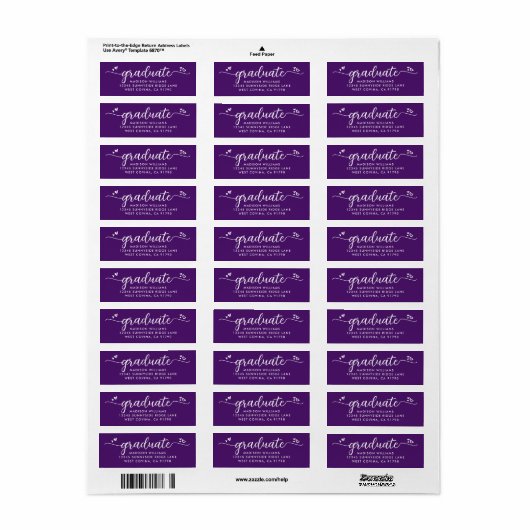 Étiquette Purple Graduation Script Coeurs Adresse moderne (Feuille entière)