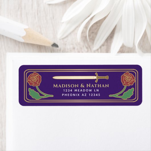 Étiquette Purple Medieval Fantasy Gold Sword Wedding Label (En situation)