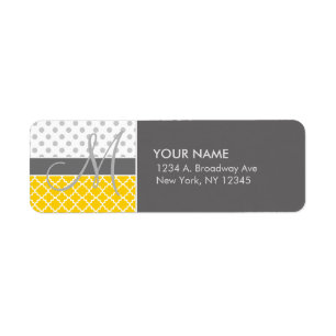 Étiquette Quatrefoil jaune et motif de point gris de polka