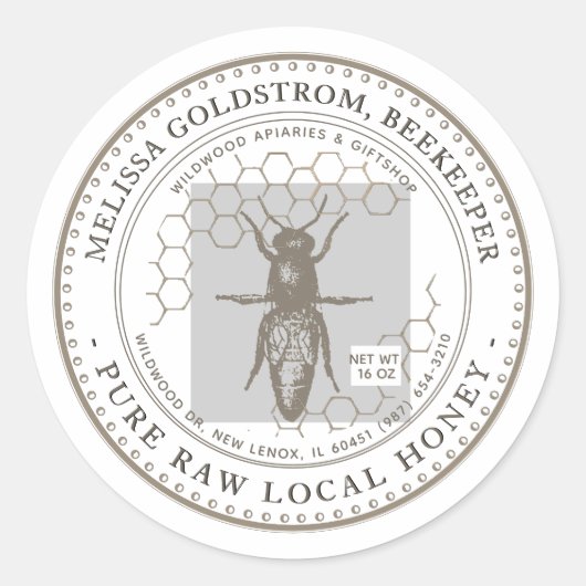 Étiquette Queen Bee Honey avec nid d'abeille taupe (Devant)