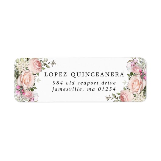 Étiquette Quinceanera Florale Rose Blush Adresse de retour (Devant)