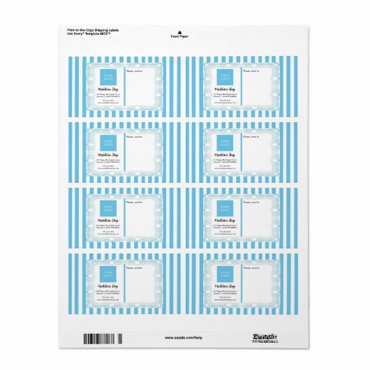 Étiquette Rayures bleu clair & Cadre incurvé & Logo (Feuille entière)