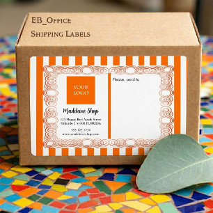 Étiquette Rayures orange & cadre bouclé & logo