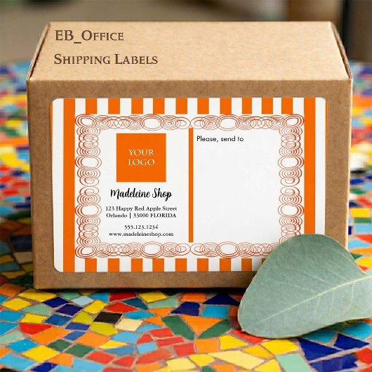Étiquette Rayures orange & cadre bouclé & logo