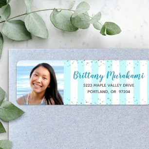 Étiquette Rayures turquoise graduation photo adresse moderne